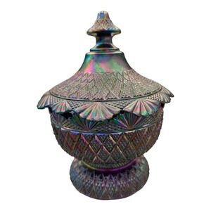 Vintage Fenton Art Glass Pagoda Covered‎ Candy Dish Amethyst Carnival Glass
